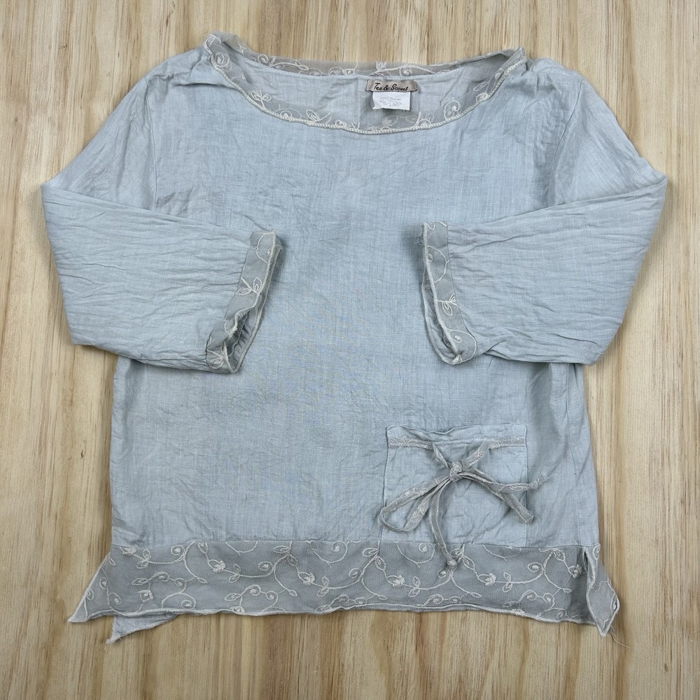 Tea & Scones‎ Women's Blue Linen XS Ornate Lace Trim Pocket Blouse Cute Romantic